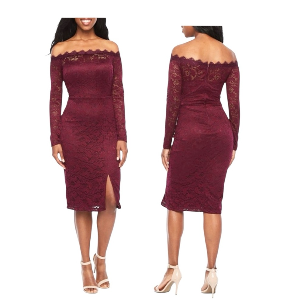 Off-Shoulder Lace Midi Dress in Burgundy